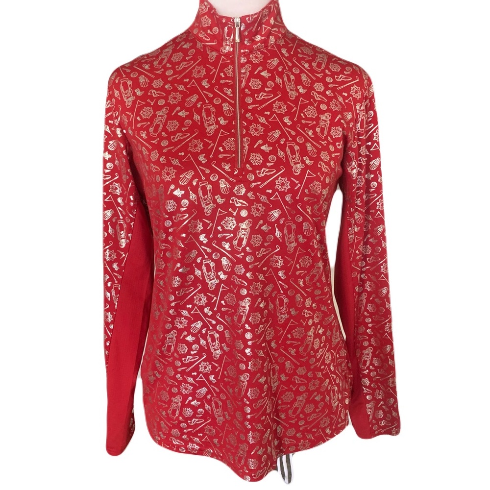 San Soleil XS Red Silver Metallic Quarter Zip Golf Holiday Sporty Athletic Top